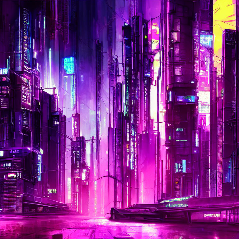 Neon-lit cyberpunk cityscape with pink and purple hues