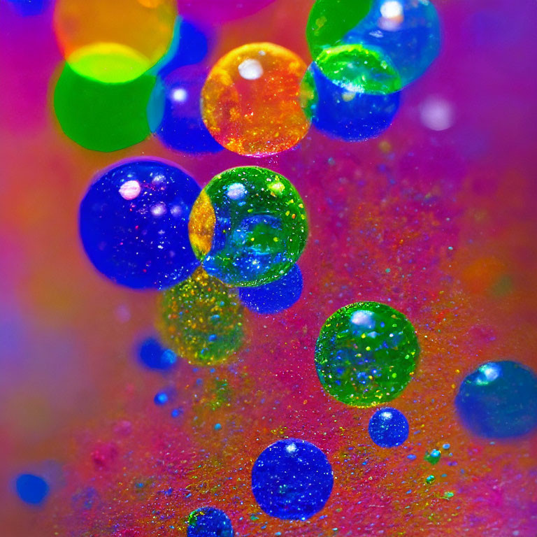 Colorful Water Droplets on Gradient Surface: Vibrant and Sparkling