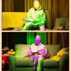 Person sitting on green sofa with colorful paint splotches for artistic effect