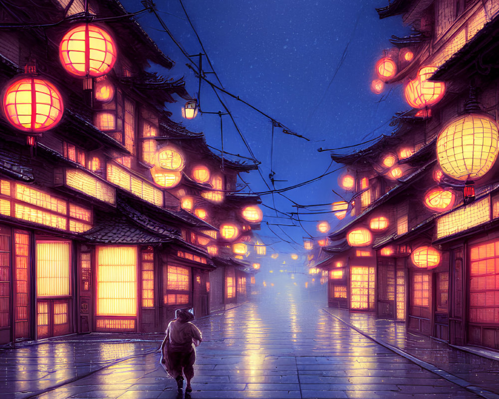 Person walking on rainy, lamp-lit street with traditional buildings under purplish sky