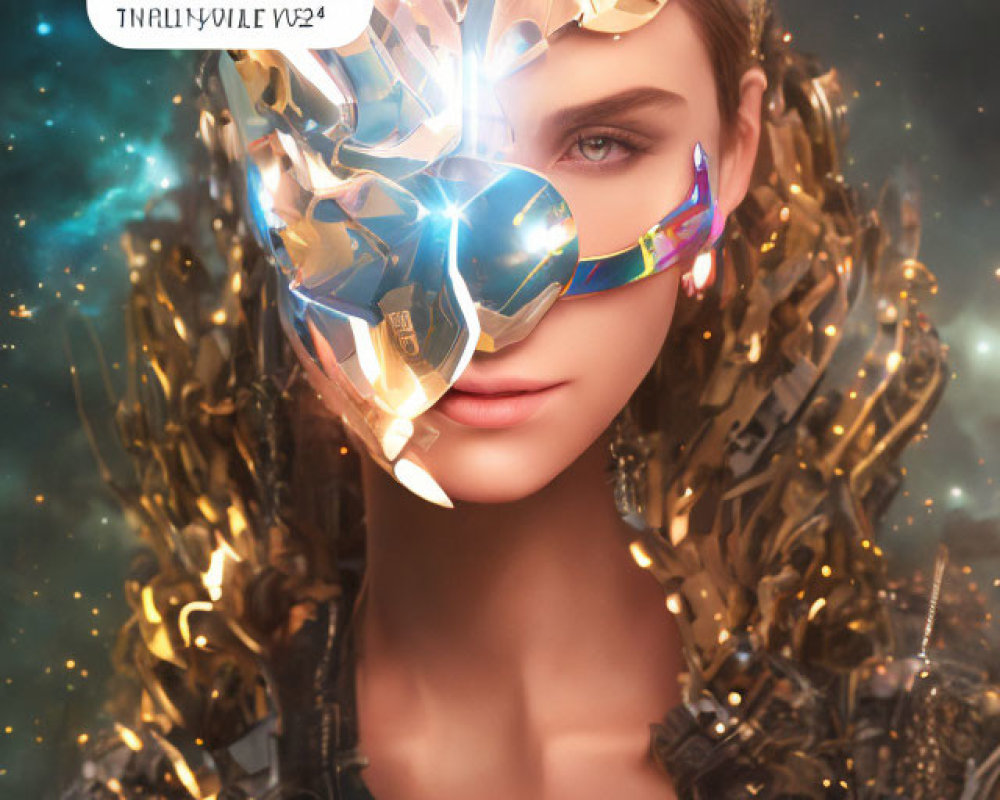 Futuristic golden mask with mirrored surfaces on starry backdrop
