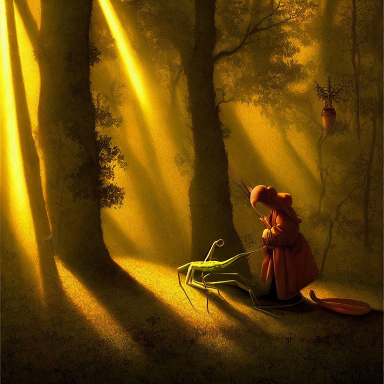 Child in red hood with green praying mantis in mystical forest under golden sunlight