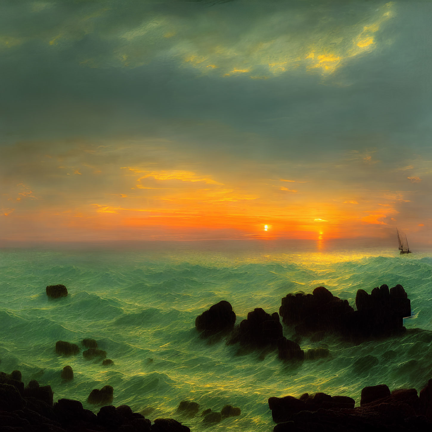 Scenic sunset over turbulent sea with sailboat, highlighted clouds, and dark rocks