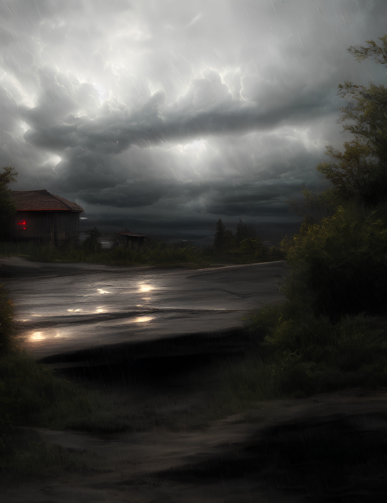 Stormy rural road with rain and lone building under heavy clouds