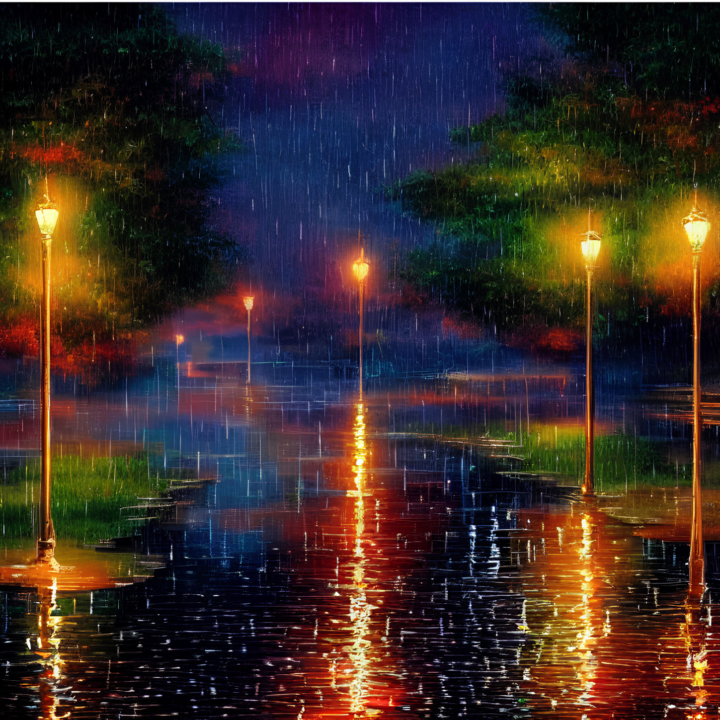 Rainy Night Scene with Illuminated Street Lamps