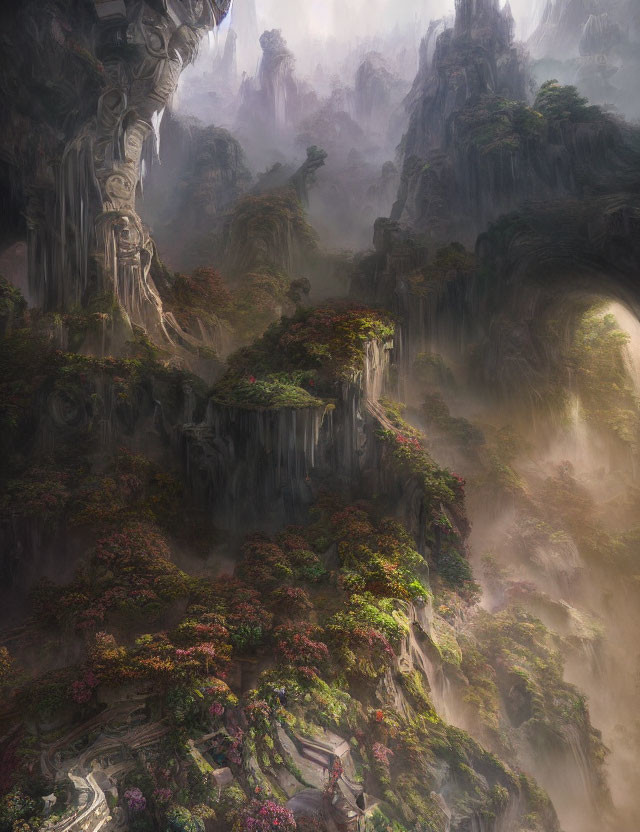 Mysterious misty cliffs, dense foliage, waterfalls, ancient ruins in foggy landscape