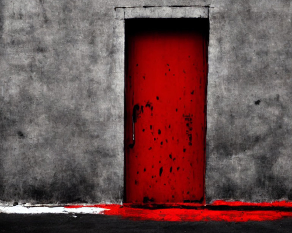 Vibrant red door on muted gray wall with red accents - moody and dramatic scene