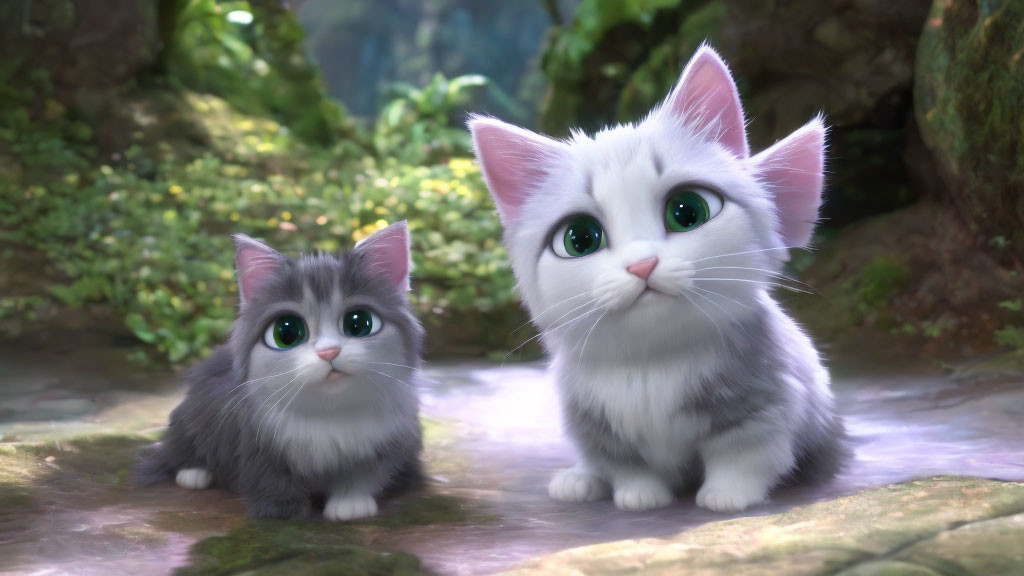 Fluffy kittens with expressive eyes in forest clearing