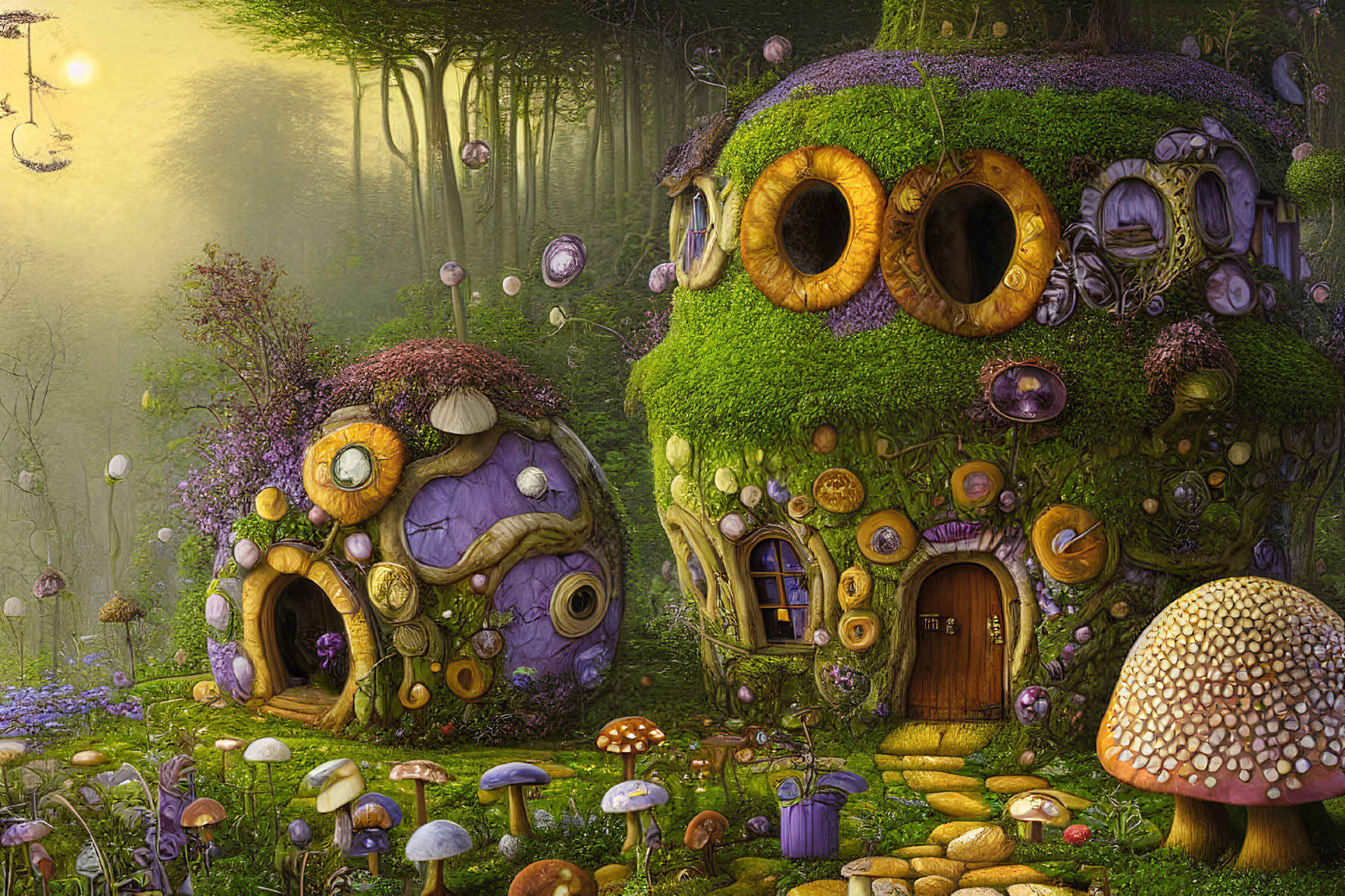 Whimsical fantasy forest with moss-covered houses and vibrant flowers