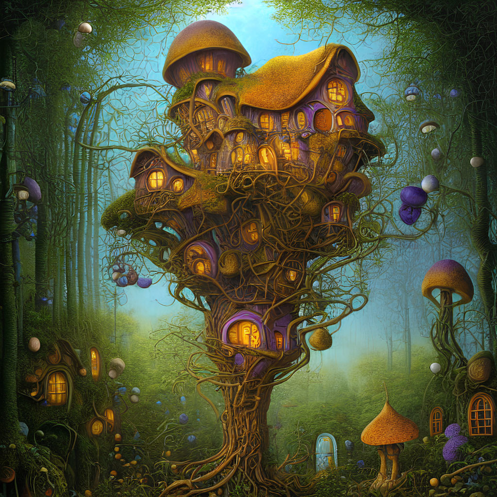 Fantastical treehouse with mushroom structures in mystical forest