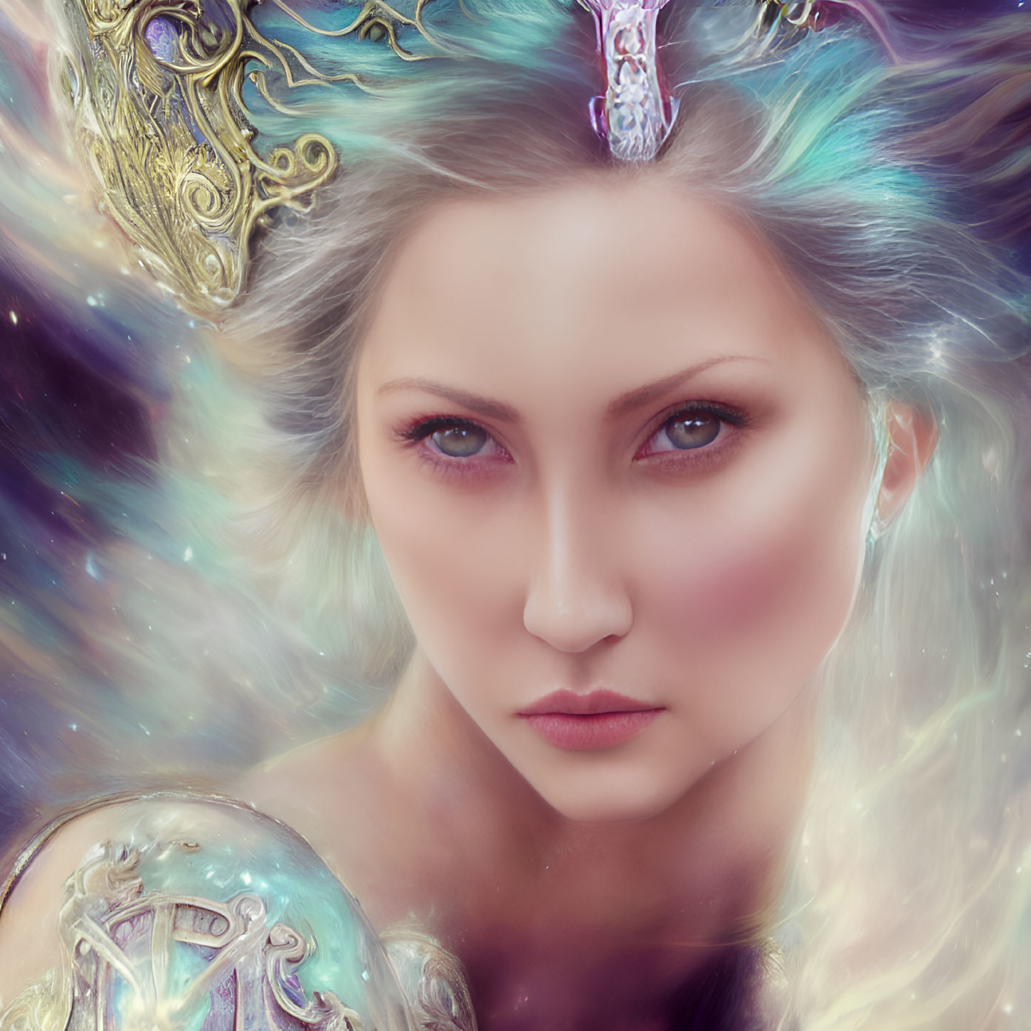 Fantasy digital painting of a radiant woman with multicolored hair and intricate armor