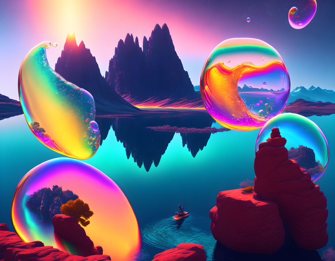 Vibrant iridescent bubbles over surreal landscape with mountains and lake