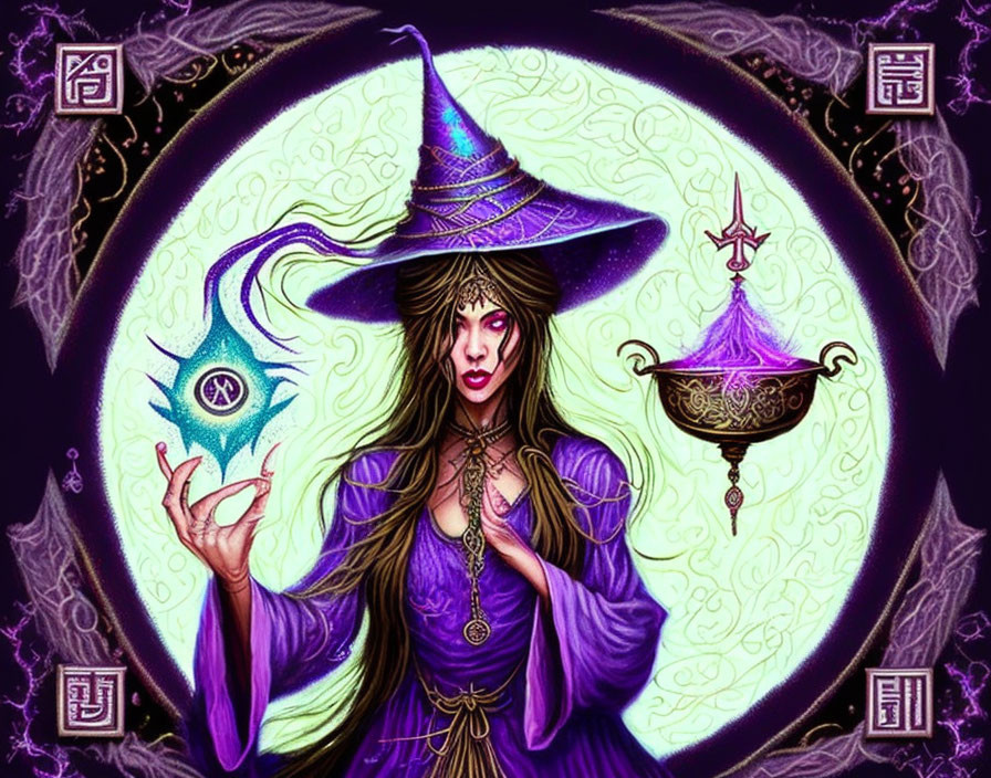 Sorceress in Purple Robe Casting Spell with Glowing Orb