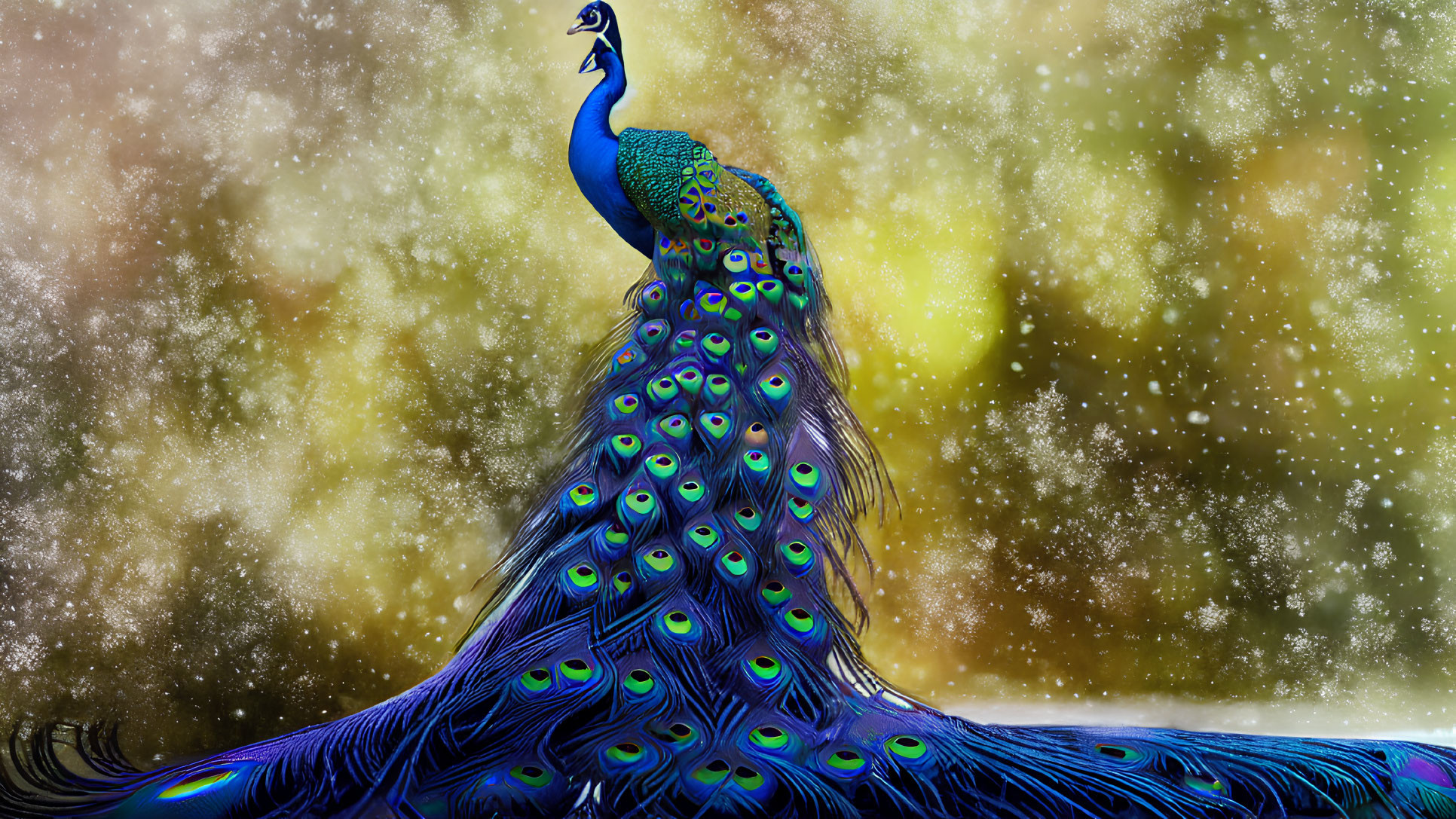 Colorful peacock illustration on glittery golden backdrop