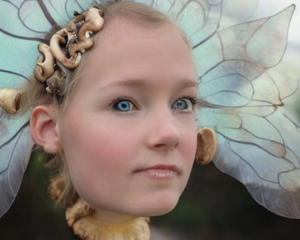 Child in fairy costume with blue eyes and translucent wings.