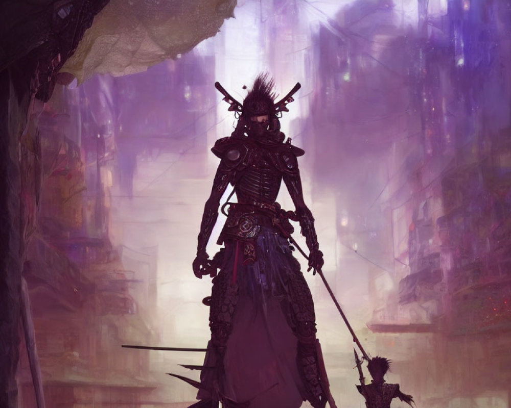 Warrior in ornate armor with spear in futuristic cityscape
