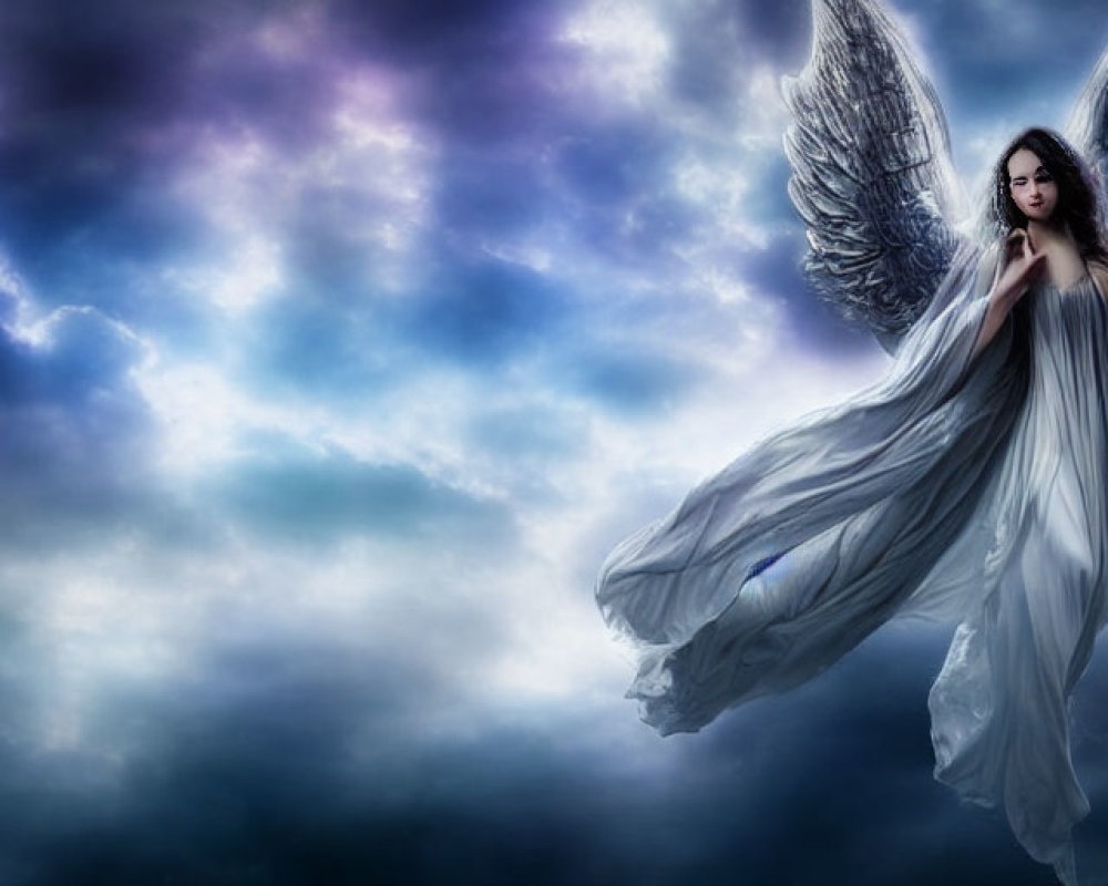 Angel with White Wings in Dramatic Cloudy Sky