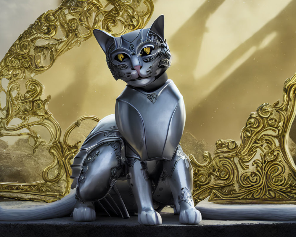 Stylized robotic cat on golden throne in rocky landscape