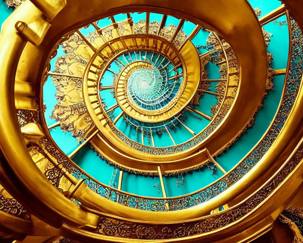 Ornate golden balustrades spiral staircase under blue ceiling