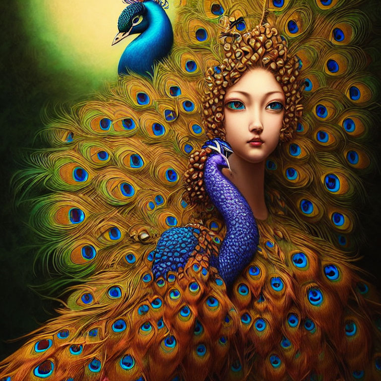 Surreal Woman with Peacock Body and Crowned Head of Bejeweled Plumes