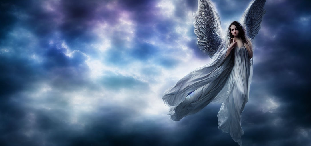 Angel with White Wings in Dramatic Cloudy Sky