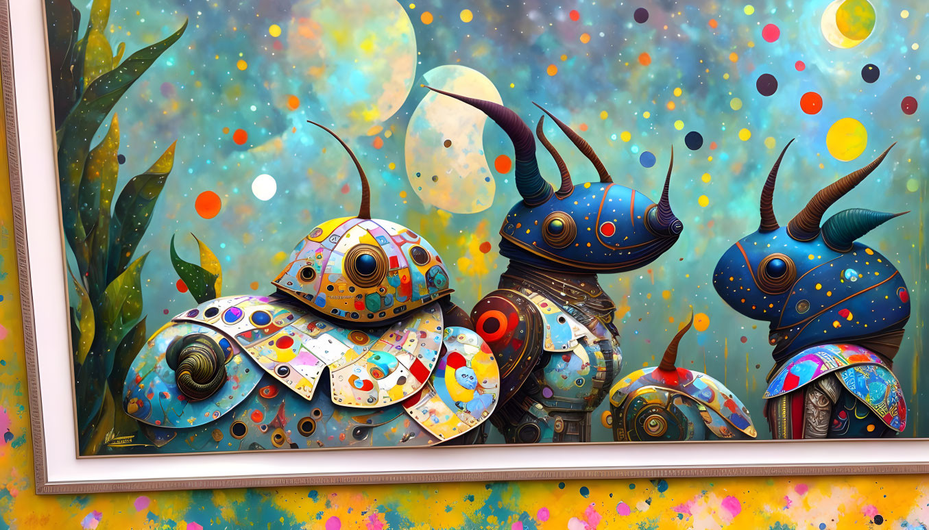 Colorful artwork: stylized mechanical ladybugs in cosmic scene