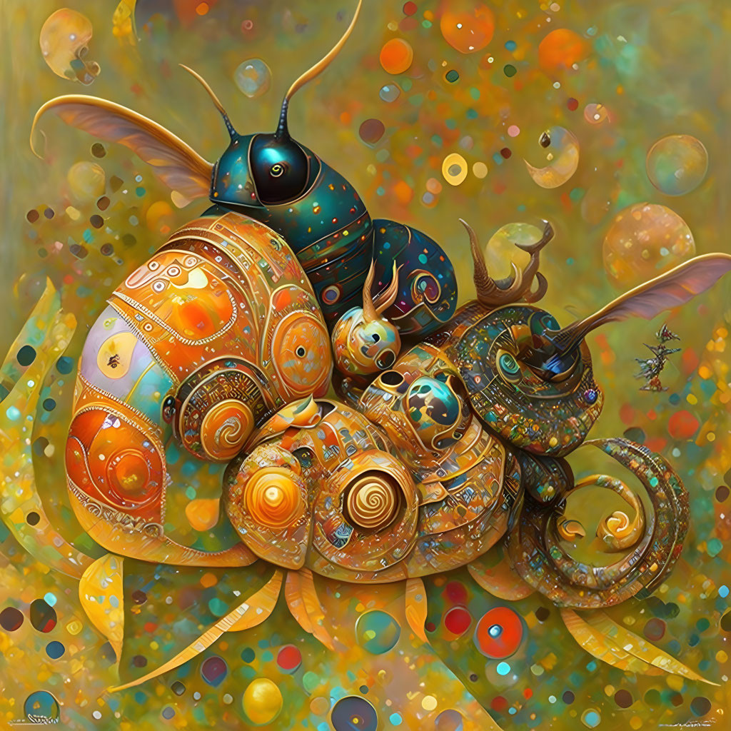 Colorful painting of bionic snail with bubbles and autumn leaves