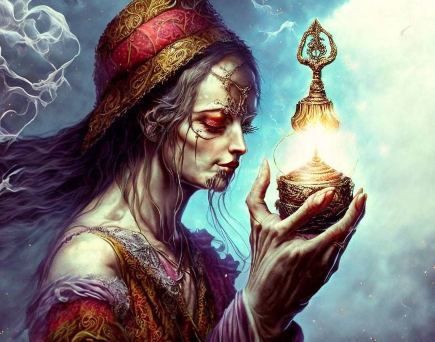 Ornately dressed mystical lady holding a magical lamp