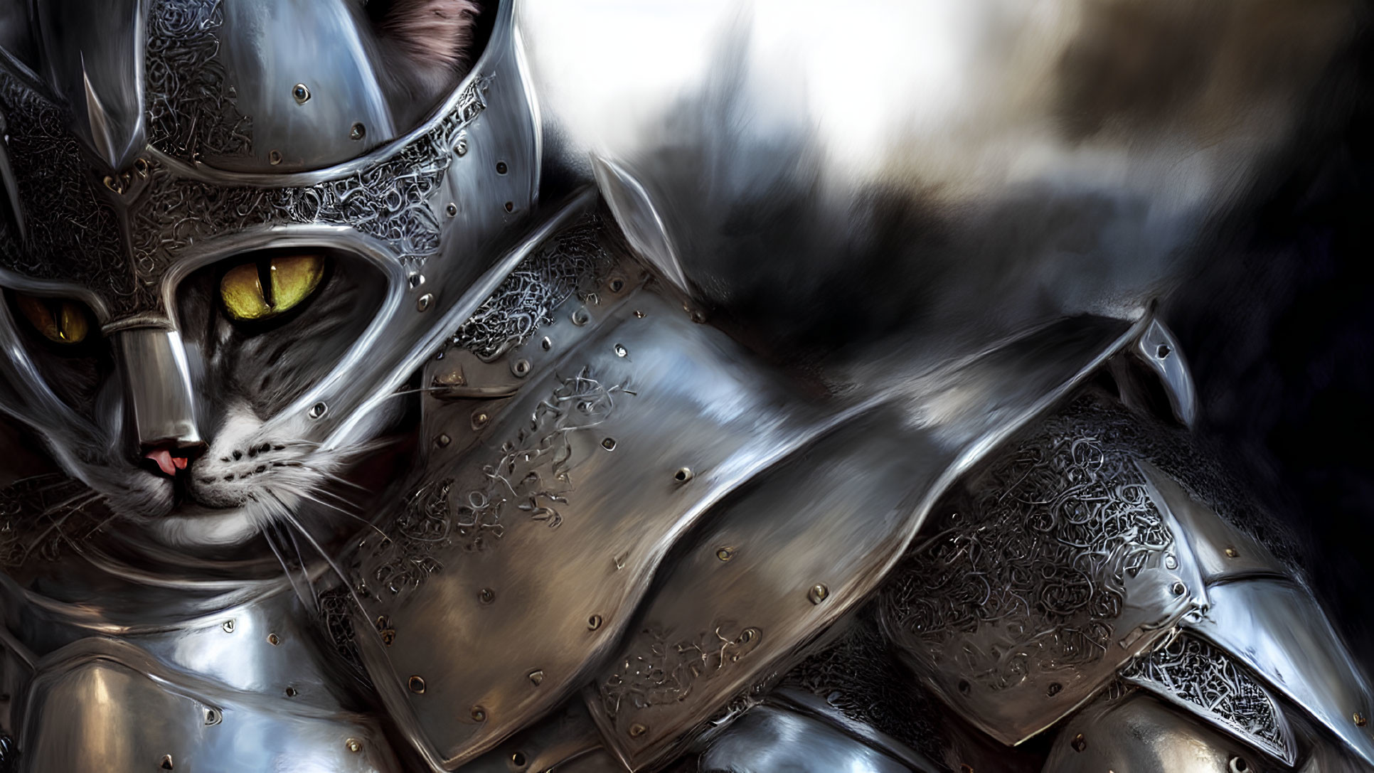 Medieval armor-clad cat with intricate patterns and yellow eyes