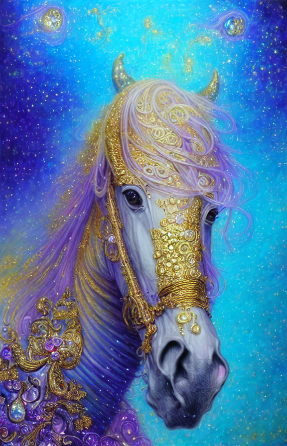 Majestic unicorn with purple mane and golden armor on cosmic blue backdrop
