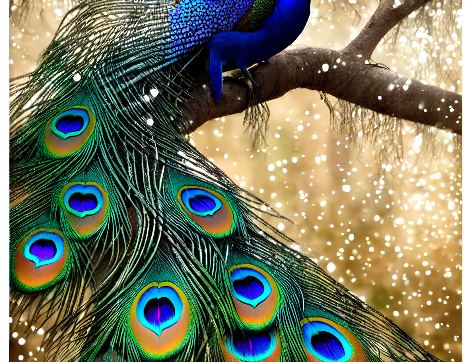 Colorful Peacock Displaying Iridescent Tail Feathers on Branch