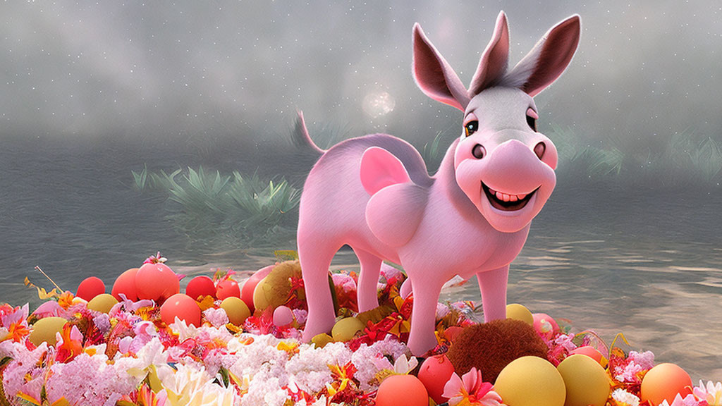 Pink animated donkey in vibrant flower and fruit setting with dreamy backdrop