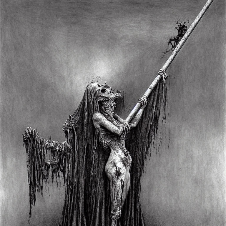Skeleton in Tattered Robes Holding Barbed Spear