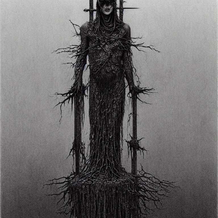 Monochromatic artwork of somber figure with entwining roots - haunting and surreal