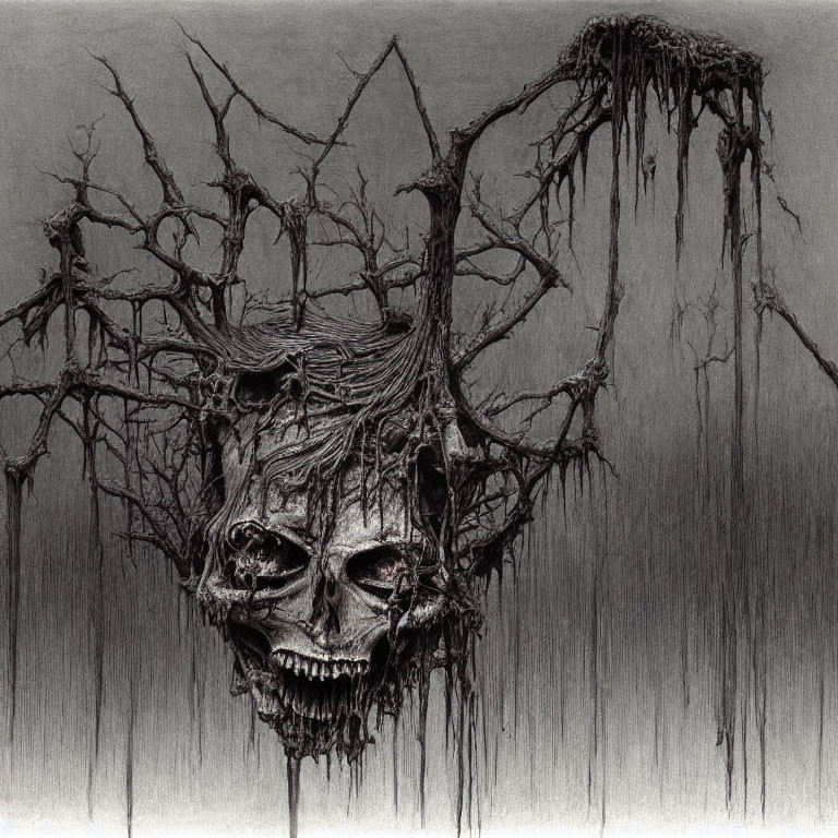 Skull with tree hair in pencil drawing on dark background