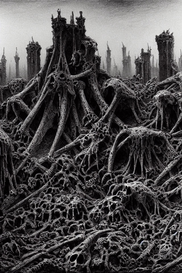 Detailed Monochrome Dystopian Landscape with Skeletal Remains and Decrepit Structures