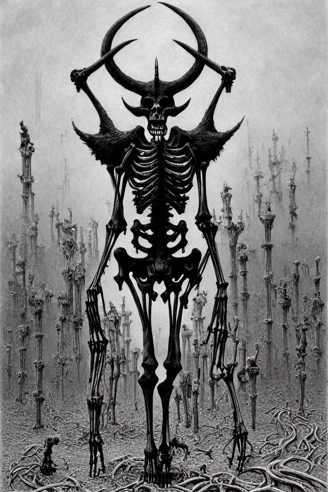 Monochrome illustration of skeletal figure with horns among slender towers