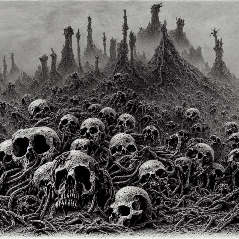 Monochrome artwork of skulls and bones in a dark landscape
