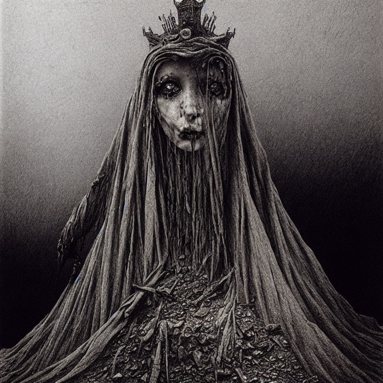 Monochrome illustration of ghostly figure in regal attire
