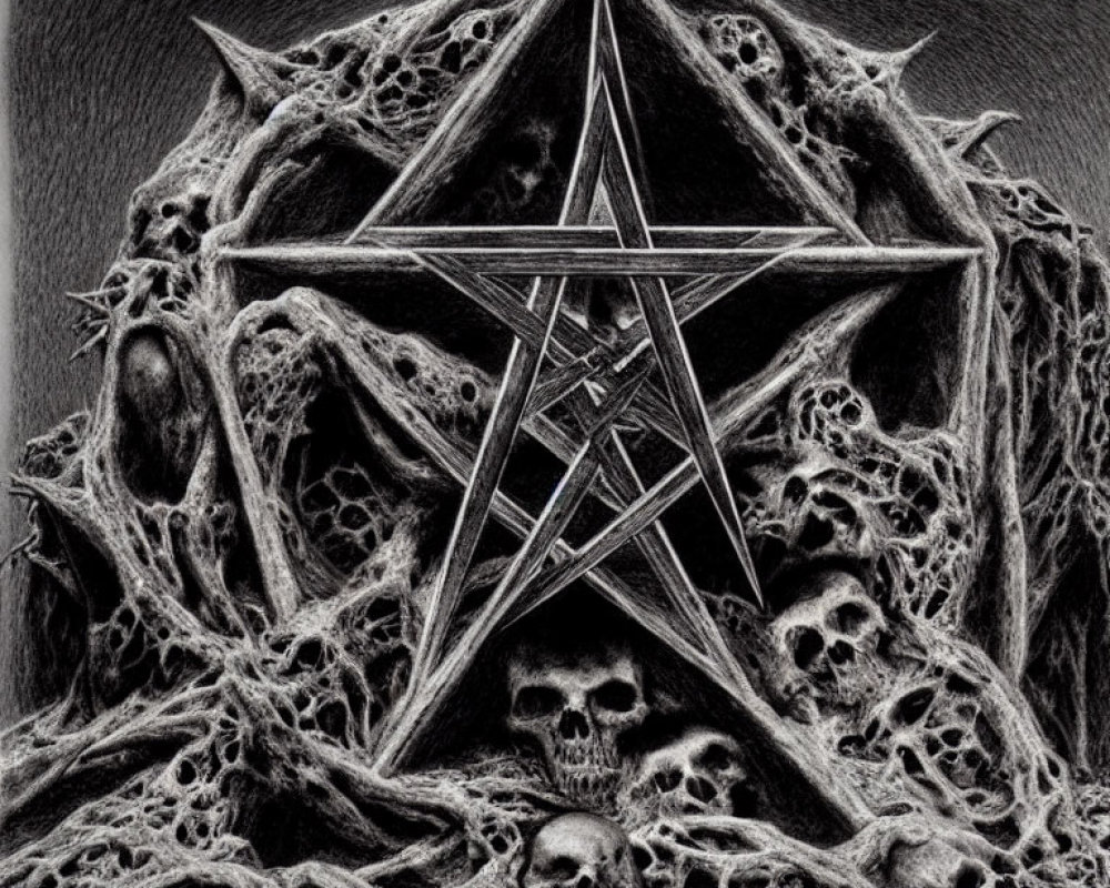 Detailed pencil drawing of pentagram with intricate lines and gothic elements