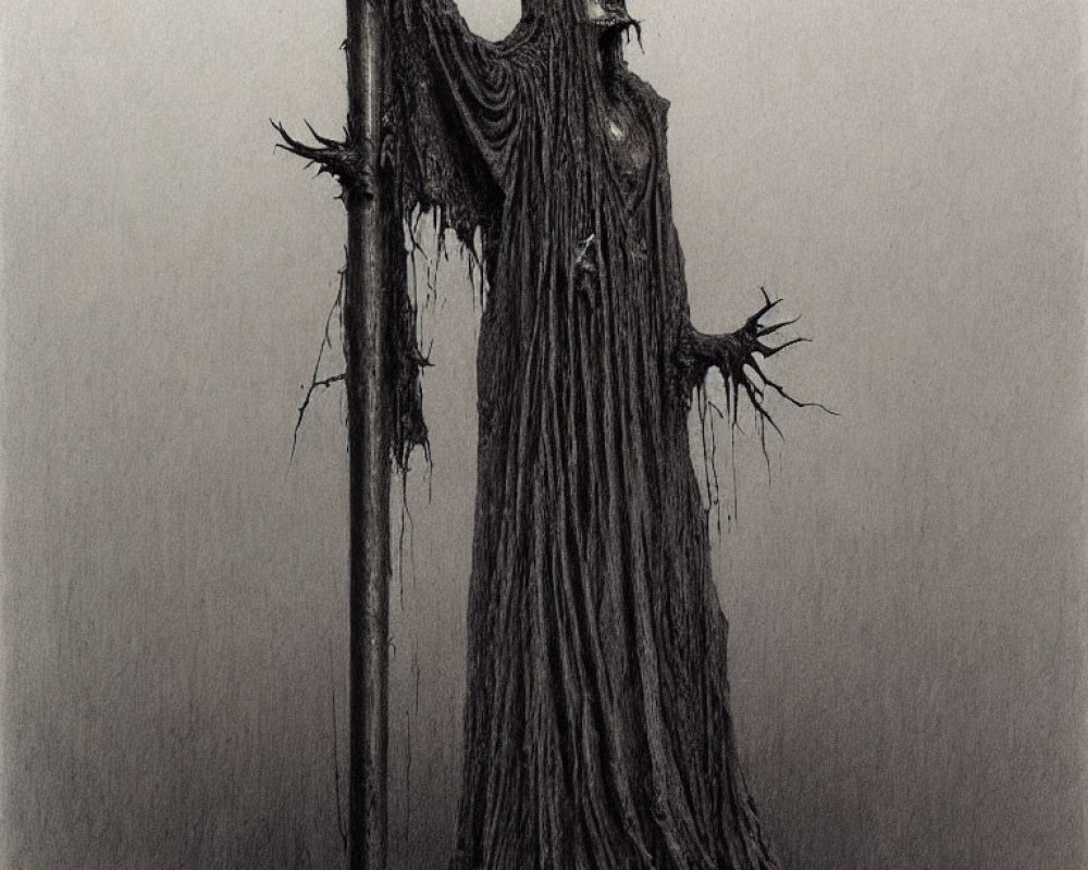 Eerie illustration of skeletal figure in flowing robes by barren tree