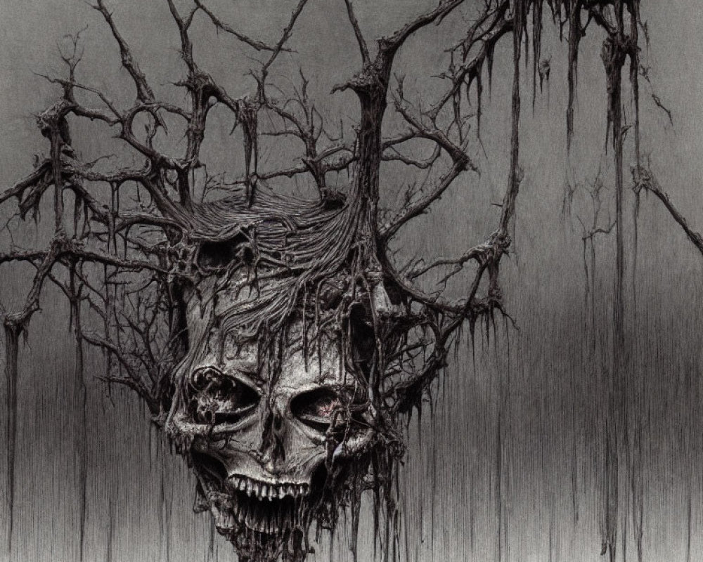 Skull with tree hair in pencil drawing on dark background