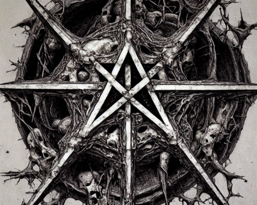 Monochrome pentagram illustration with bone and skeletal figures - dark and macabre design