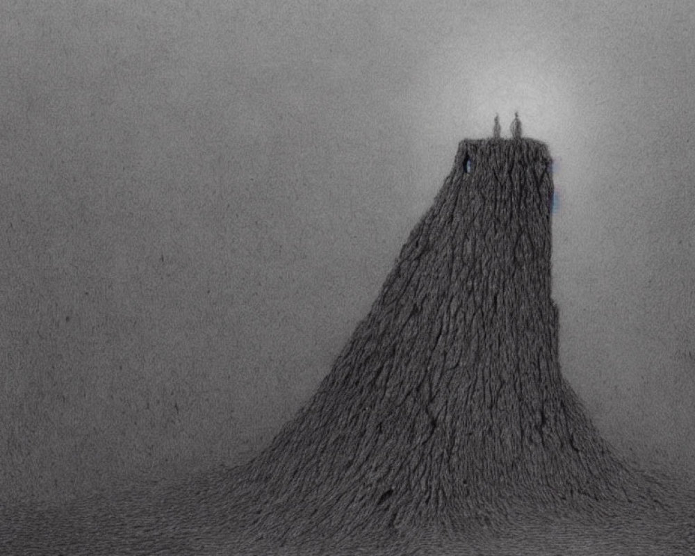 Silhouetted figures on conical hill in monochromatic landscape
