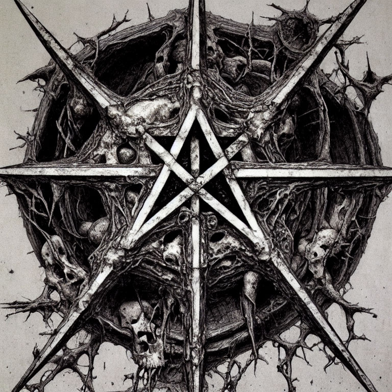 Monochrome pentagram illustration with bone and skeletal figures - dark and macabre design