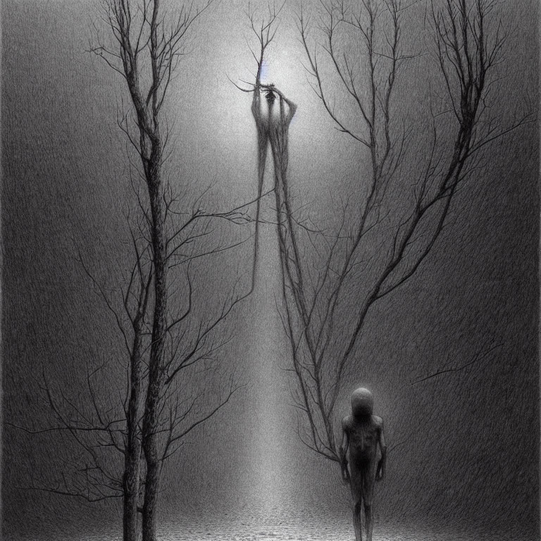 Monochrome artwork of figure hanging from tree branch, observed by another figure, set against leafless trees