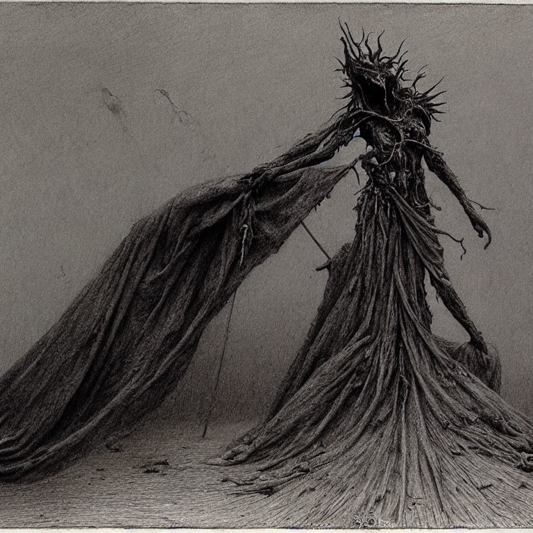 Monochrome sketch of menacing tree-like creature