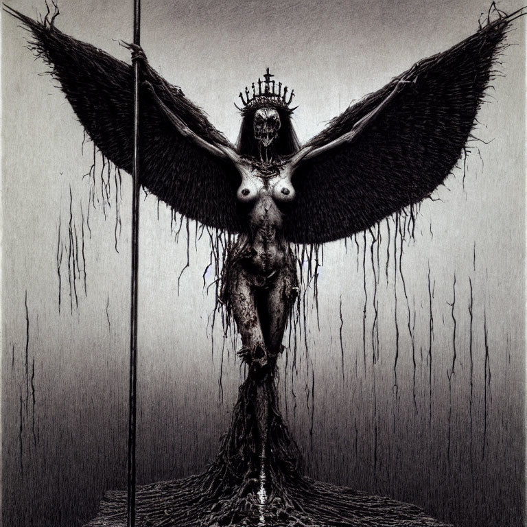 Surreal artwork of figure with wings and crown, surrounded by drips