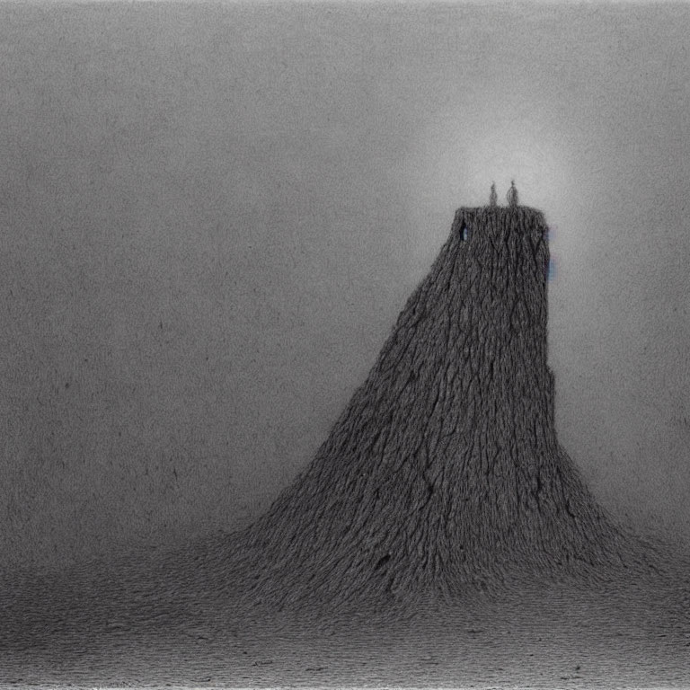 Silhouetted figures on conical hill in monochromatic landscape