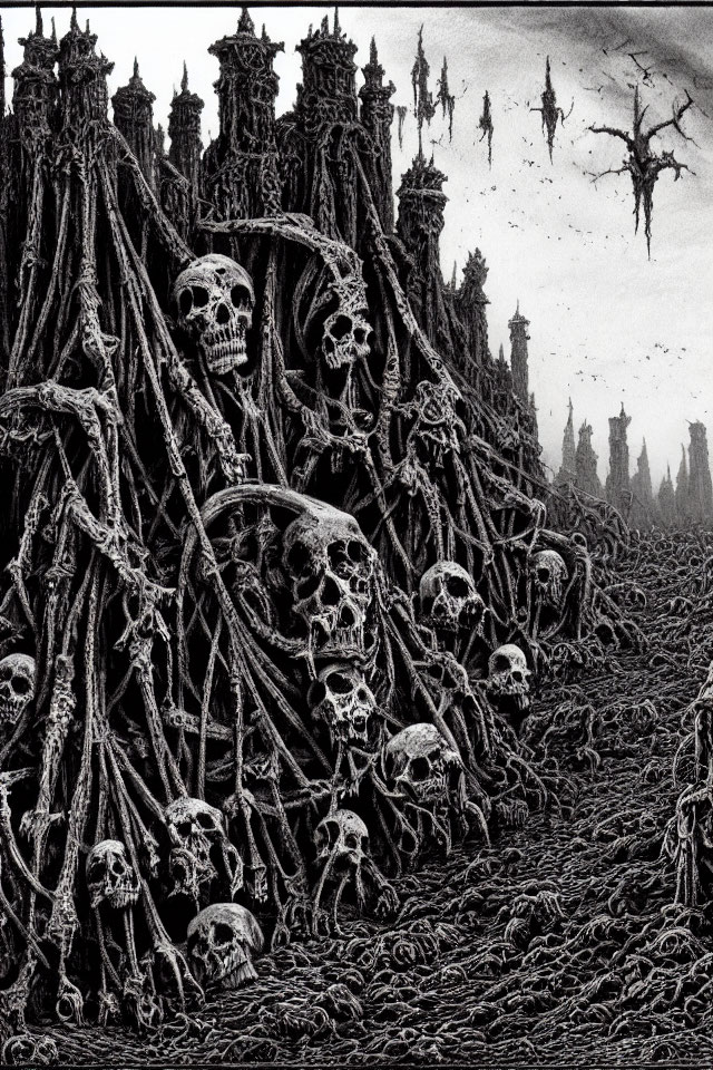 Gothic landscape with bone structures and macabre details